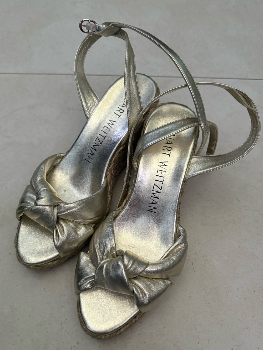 Stuart Weitzman Metallic Silver Wedge Espadrille Sandals 7B